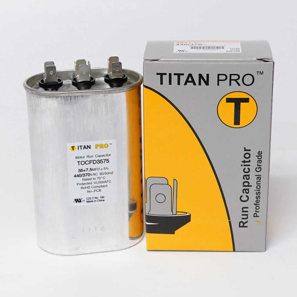 TitanPro TOCFD35/7.5 HVAC Oval Motor Run Dual Capacitor 35/7.5 MFD/UF 440/370