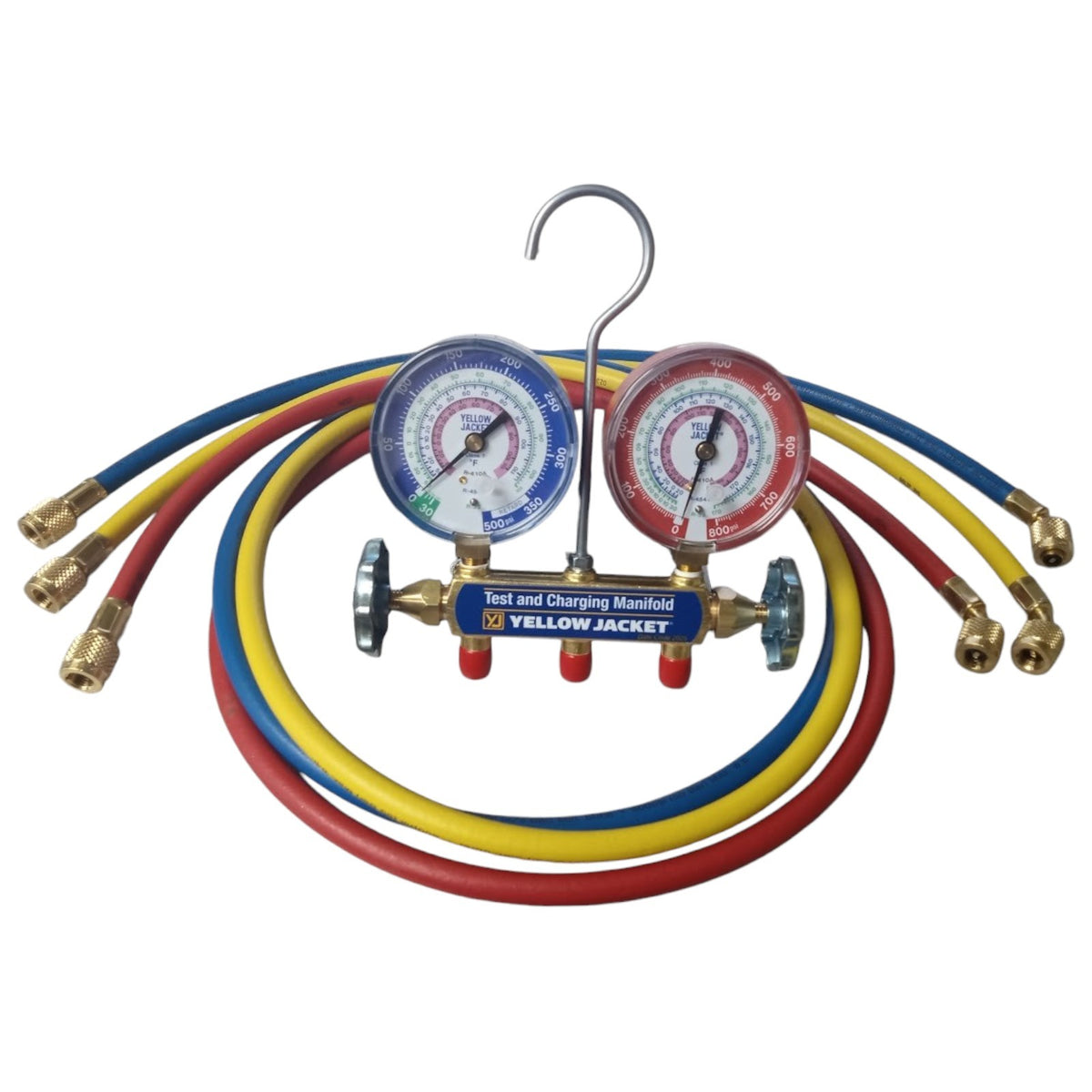 Yellow Jacket 42036 A2L Brass Manifold with 60" Hoses RYB for R32/454B/410A