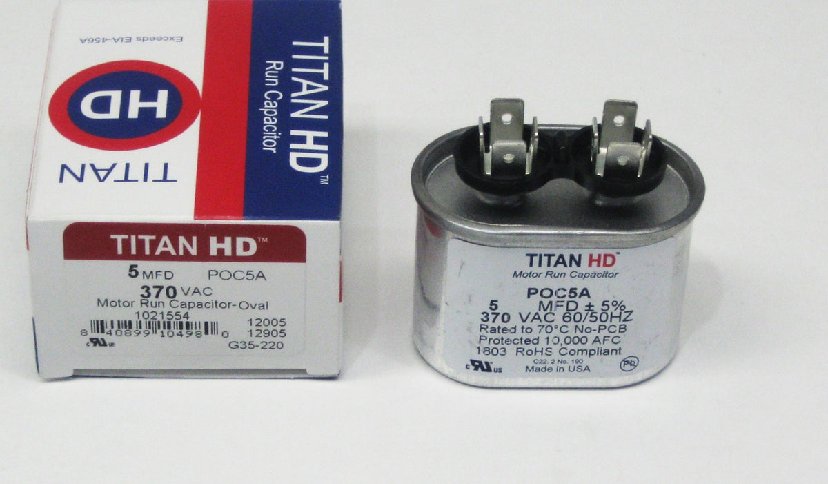 TitanHD POC5A American-Made HVAC Oval Motor Run Capacitor. 5 MFD/UF 370 Volts