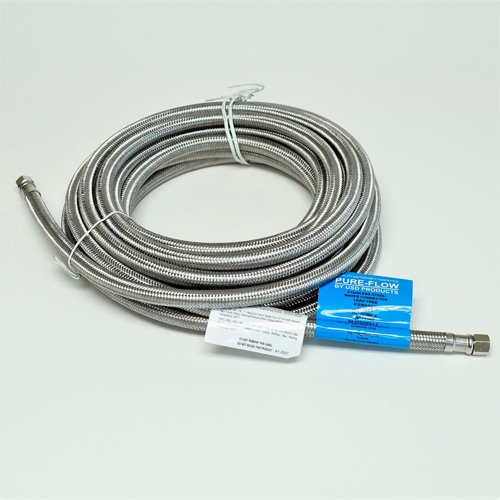Ice Maker 25 FT Braided Stainless Steel Water Connector 1/4" x 1/4" Compression