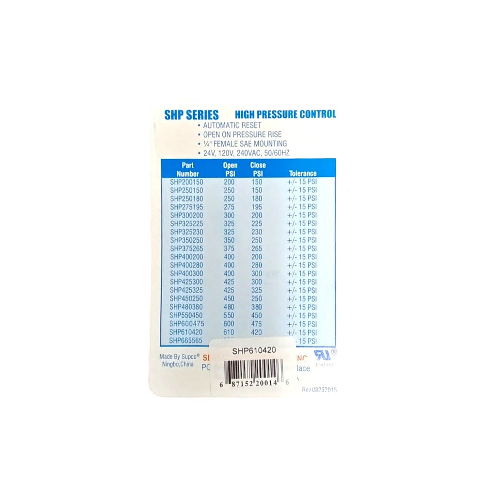 Supco SHP610420 High Pressure Switch Open: 610 Close: 420 PSI HVAC Refrigeration