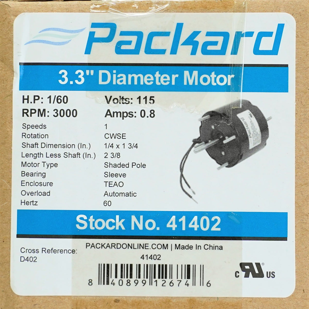 Packard 41402 3.3" Fan Motor Replacement for Fasco D402 1/60 HP 3000 RPM