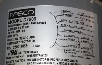 Fasco D7909 AC Air Conditioner Condenser Fan Motor 1/4 HP 1075 RPM 230 Volts