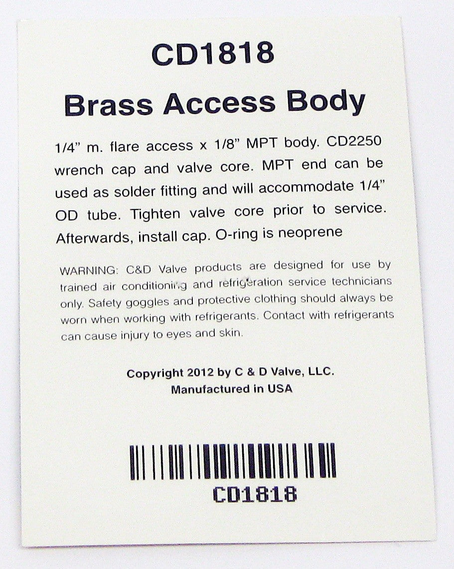 C&D Valve CD1818 Package of 6 1/4" male flare access x 1/8" MPT body
