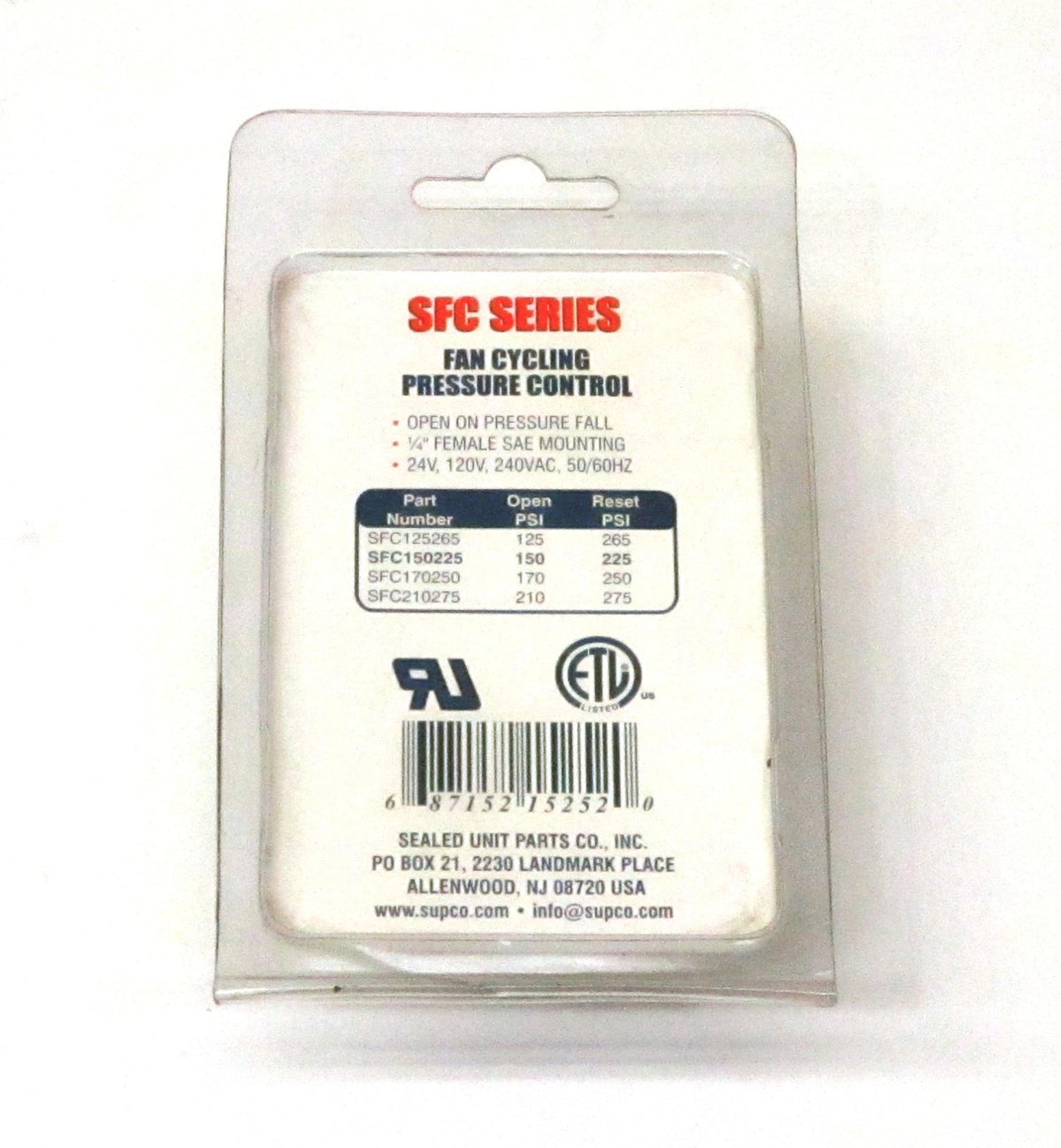 Supco SFC150225 Condenser Fan Cycling Switch Open: 150 PSI Close: 225 PSI HVAC