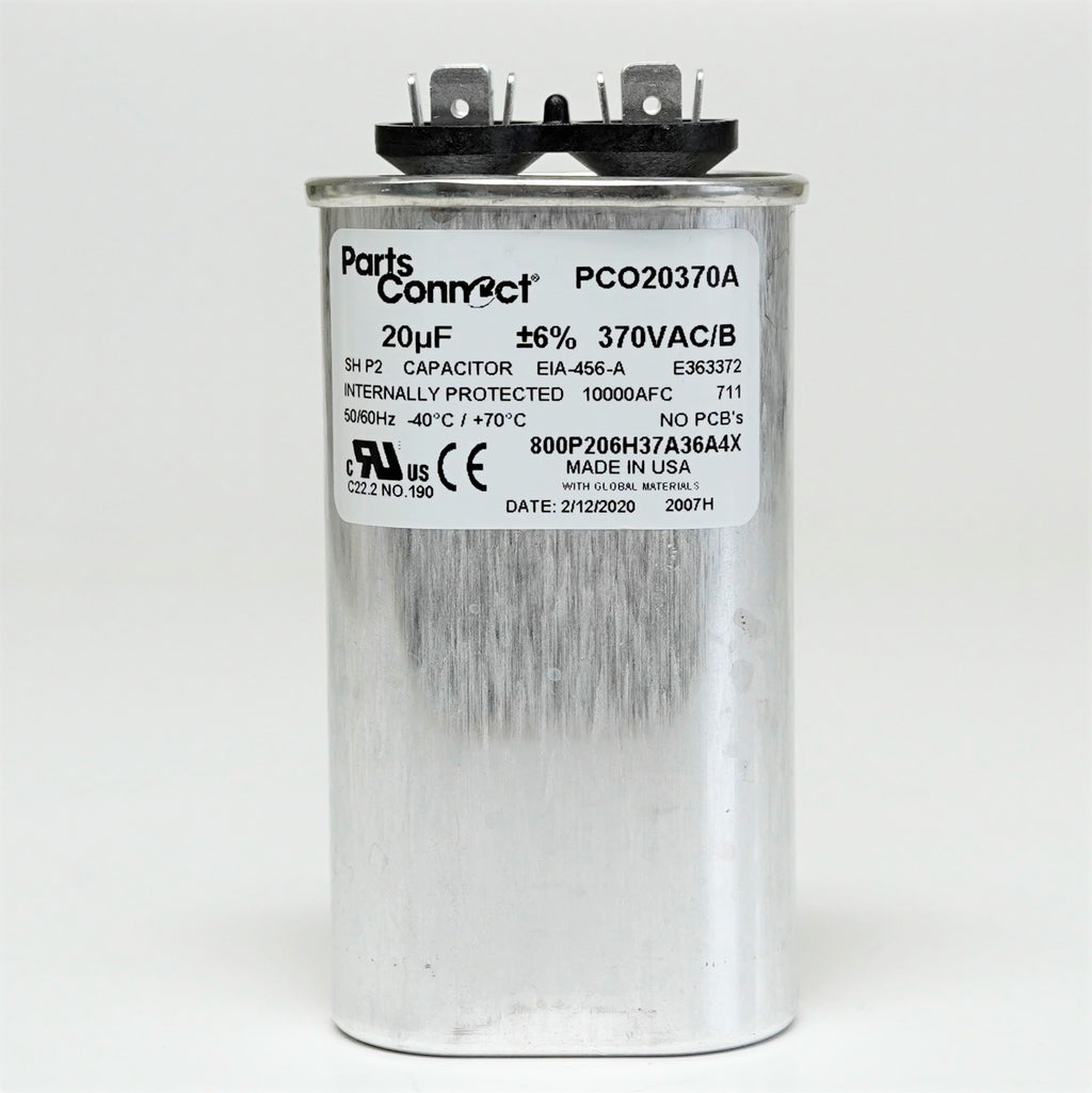 USA Run Capacitor 20 mfd (uf) 370 Volt Oval American Made PartsConnect PCO20370A