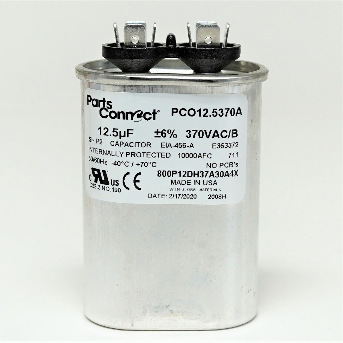 USA Run Capacitor 12.5 mfd (uf) 370 Volt Oval American Made PartsConnect
