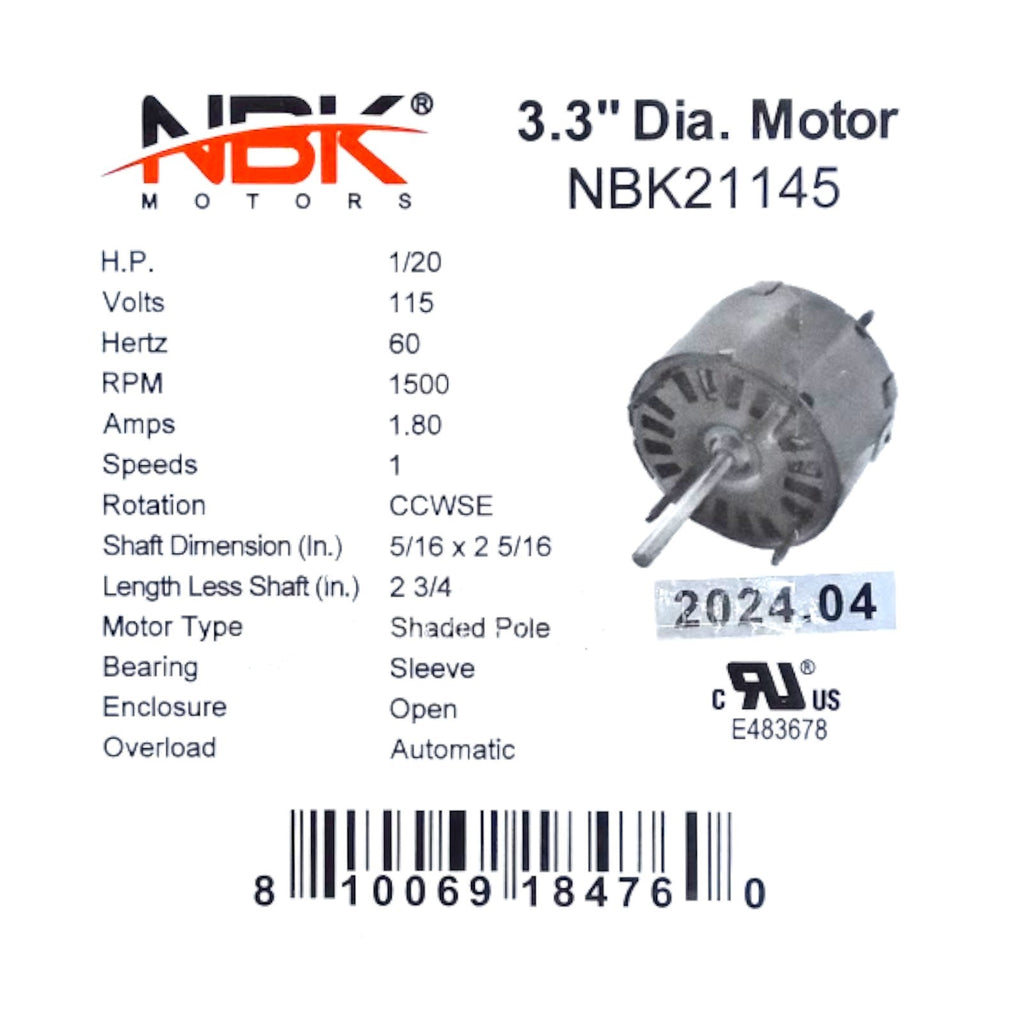 Fan Motor 3.3" Dia. 1/20 HP 1500 RPM 115 Volts CCW Rotation Replaces Fasco D133
