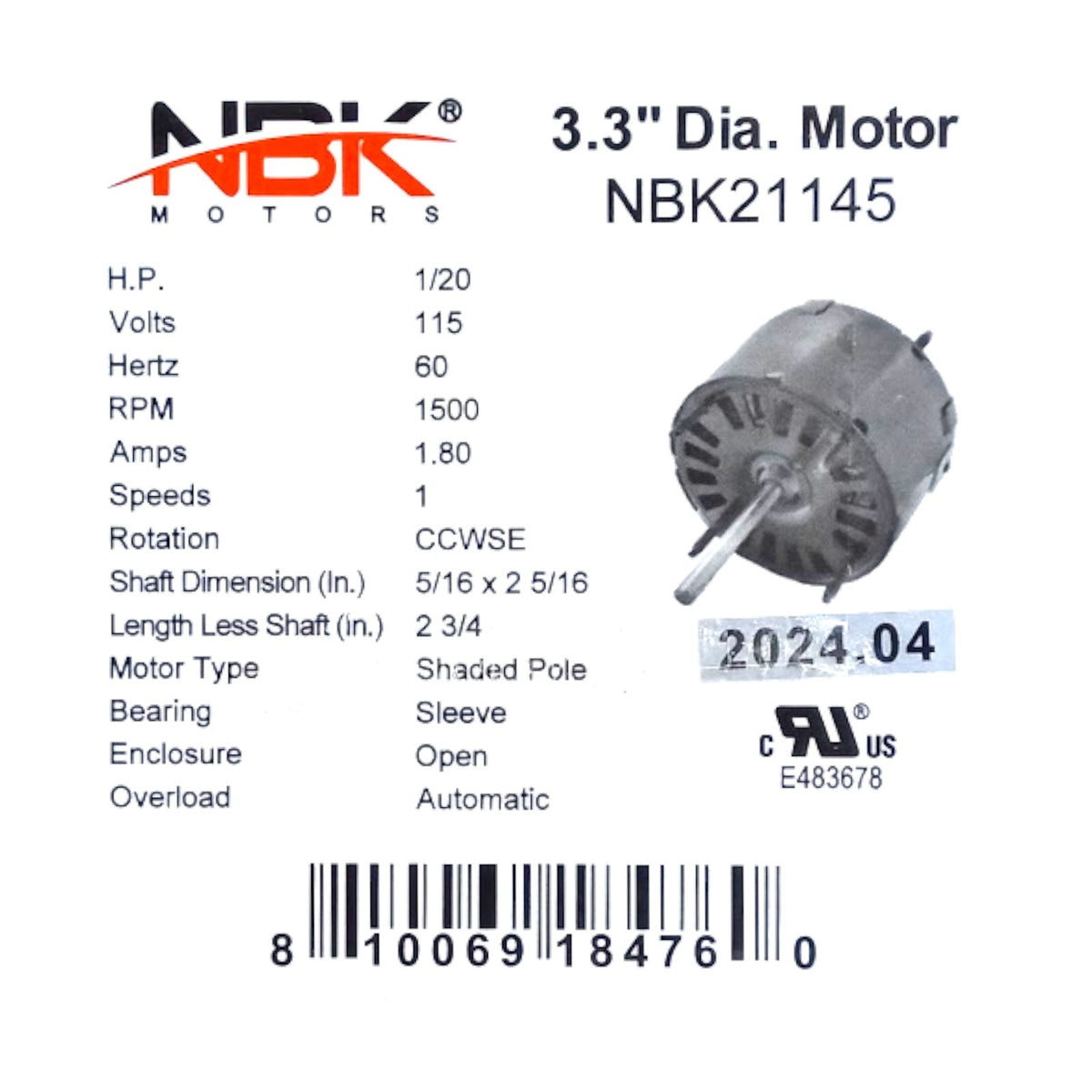 Fan Motor 3.3" Dia. 1/20 HP 1500 RPM 115 Volts CCW Rotation Replaces Fasco D133