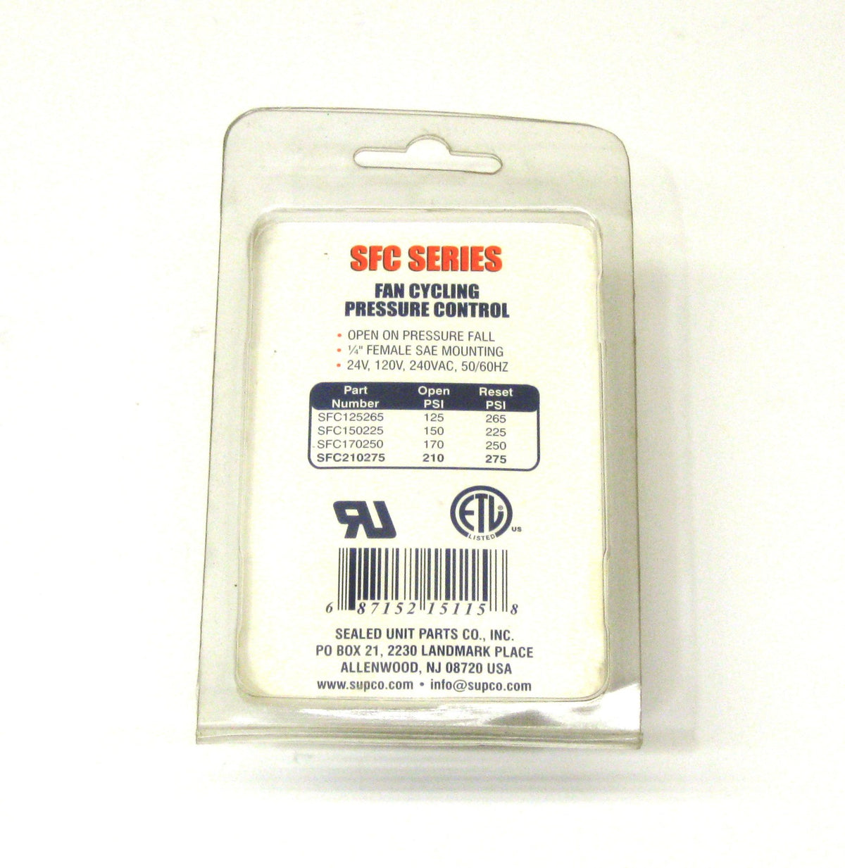Supco SFC210275 Condenser Fan Cycling Switch Open: 210 PSI Close: 275 PSI HVAC