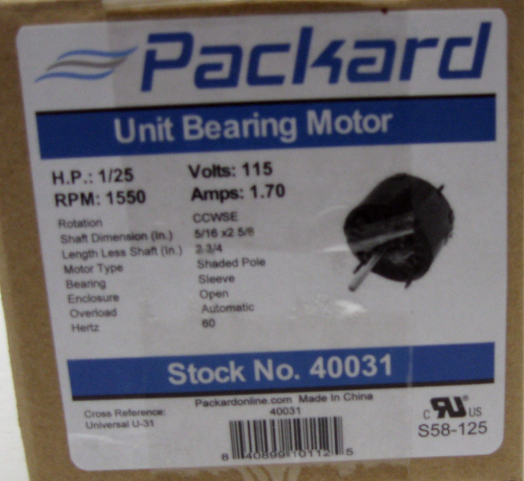 Packard Electric Fan Motor 40031 1/25 HP 1550 RPM 115 Volts (UE-31)