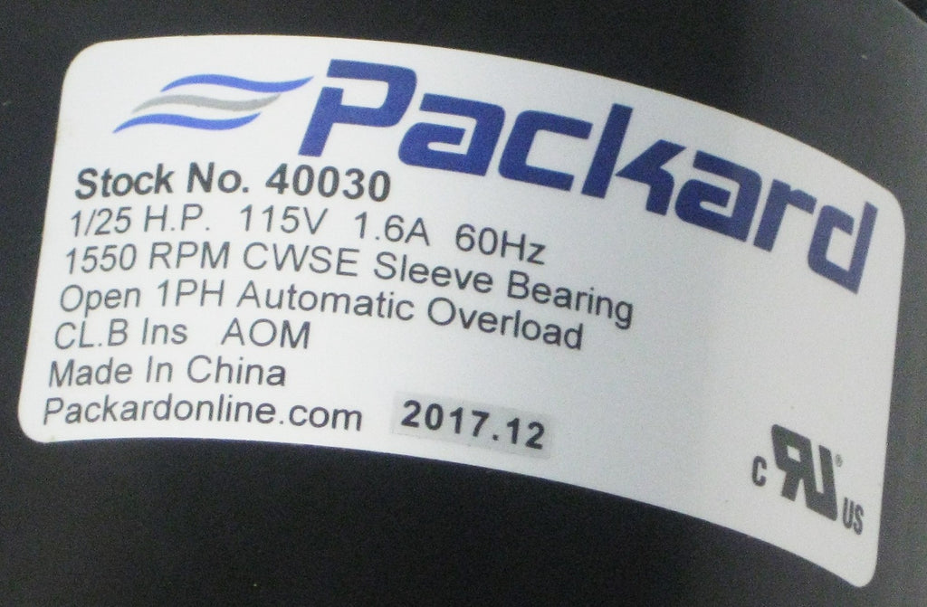 Packard Electric Fan Motor 40030 1/25 HP 1550 RPM 115 Volts (UE-30)