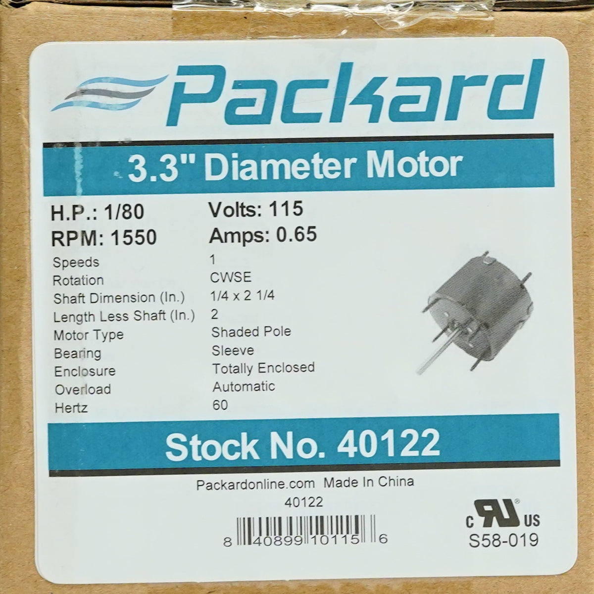 40122 3.3" Motor 1/80 HP 1500 RPM 115 Volts CW Rotation Replaces Fasco D122 U16