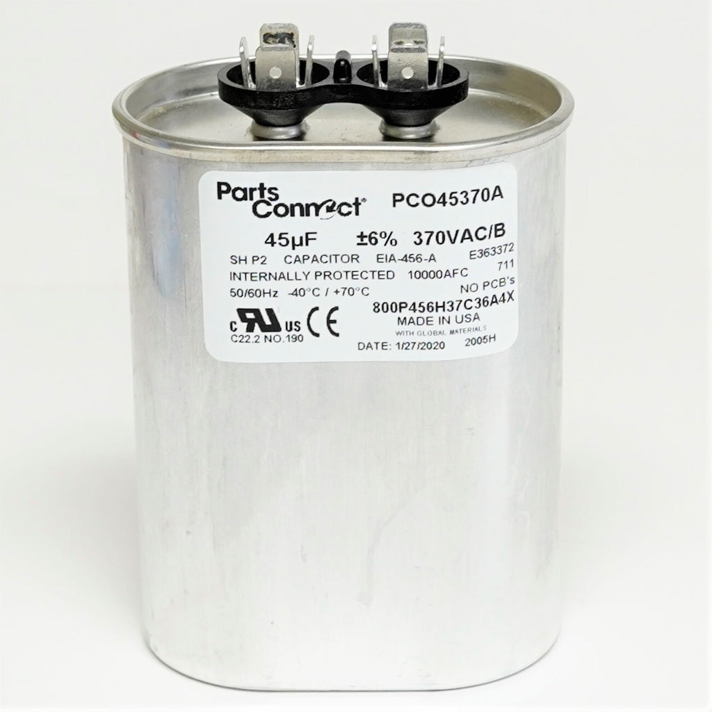 USA Run Capacitor 45 mfd (uf) 370 Volt Oval American Made PartsConnect PCO45370A
