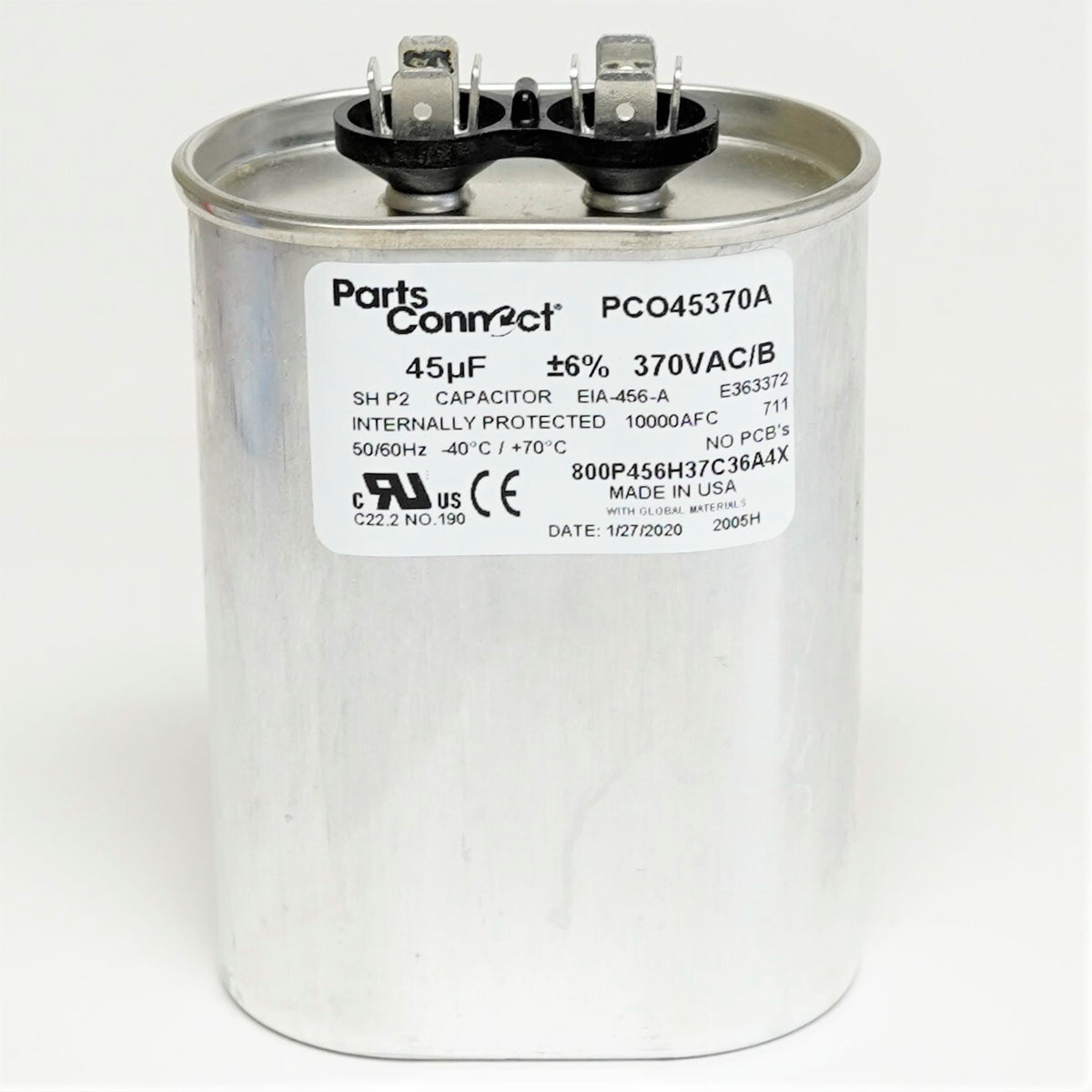 USA Run Capacitor 45 mfd (uf) 370 Volt Oval American Made PartsConnect PCO45370A