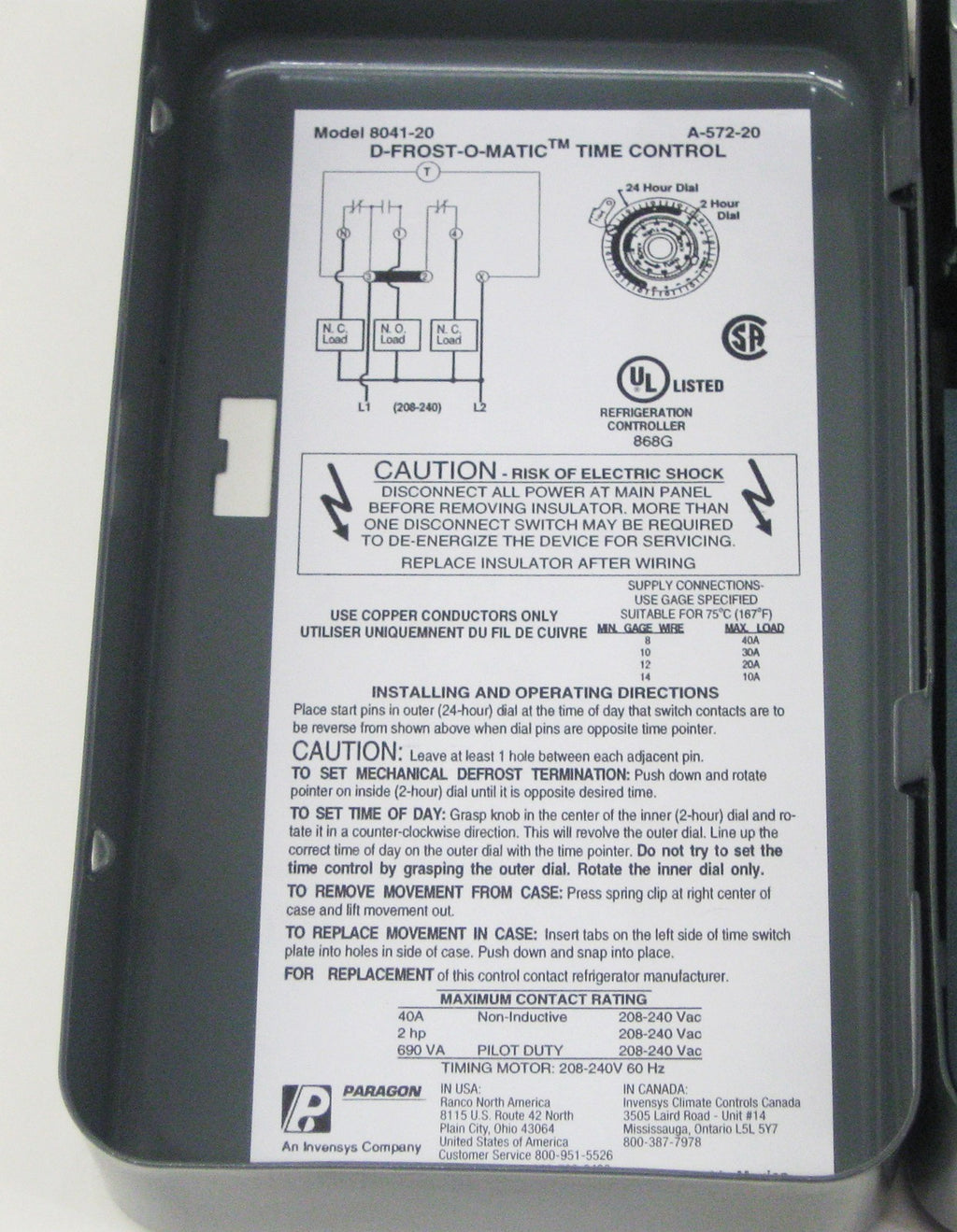 Paragon 8041-20 Defrost Control Commercial Refrigeration Timer