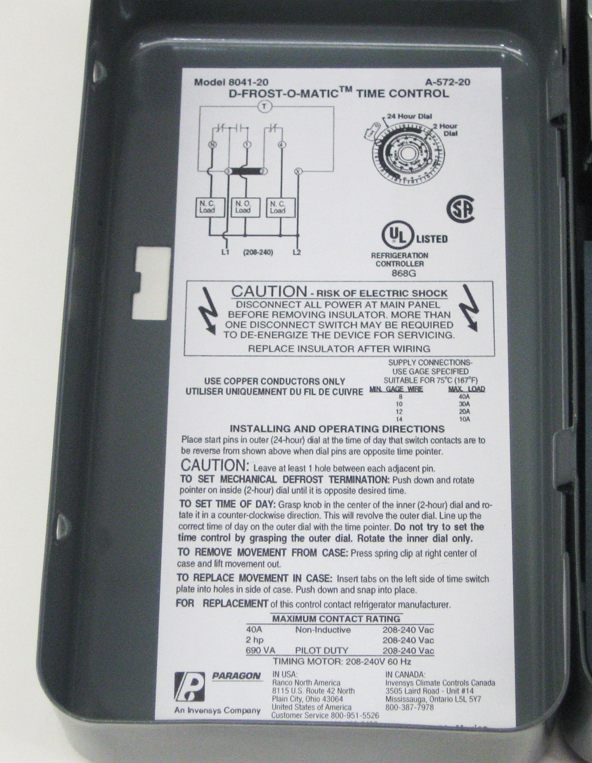 Paragon 8041-20 Defrost Control Commercial Refrigeration Timer