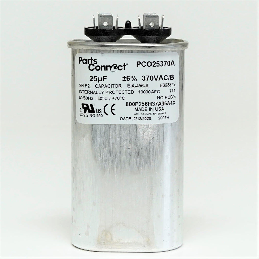 USA Run Capacitor 25 mfd (uf) 370 Volt Oval American Made PartsConnect PCO25370A
