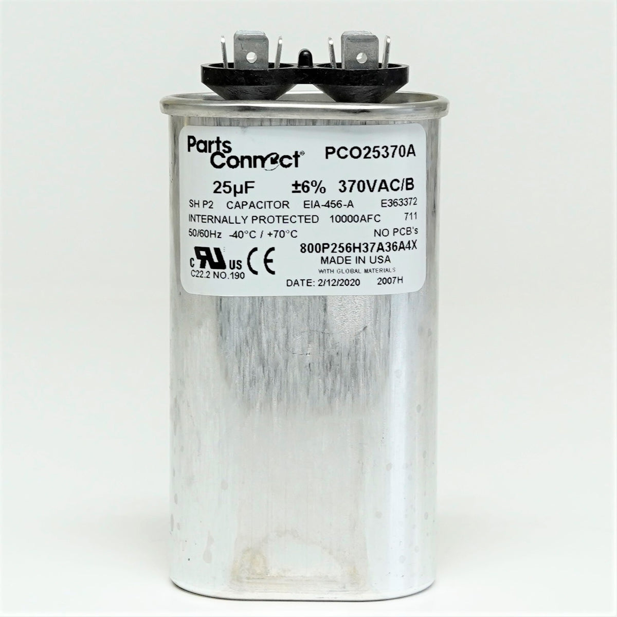 USA Run Capacitor 25 mfd (uf) 370 Volt Oval American Made PartsConnect PCO25370A