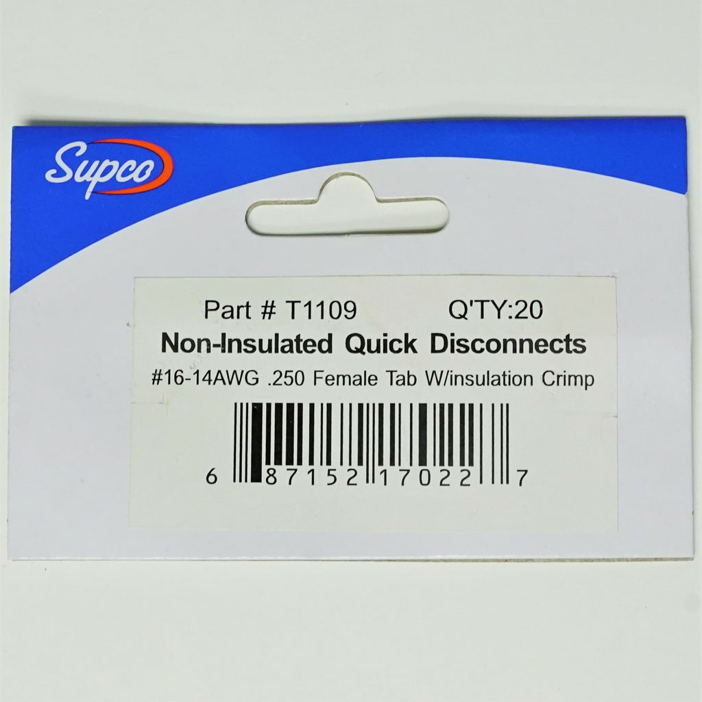 Supco T1109 QD Non-Insulated Female Terminal Wire 16-14 Tab .250