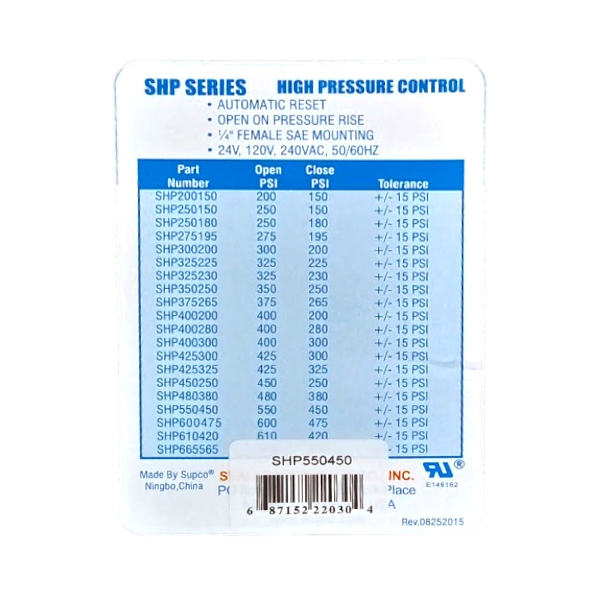 Supco SHP550450 High Pressure Switch Open: 550 Close: 450 PSI HVAC Refrigeration