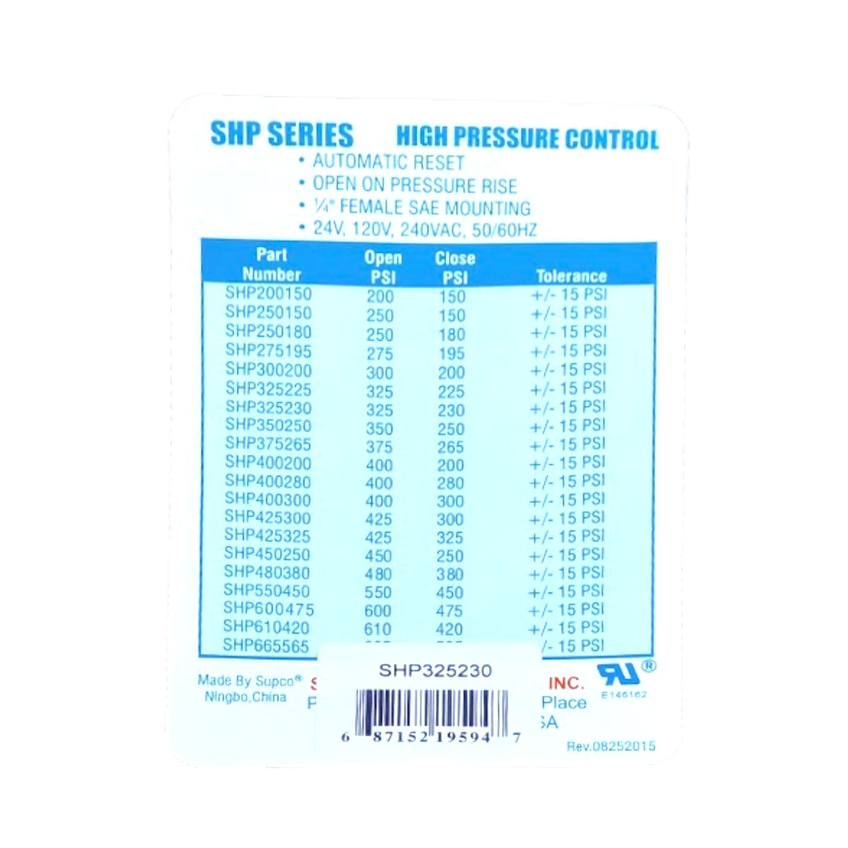 Supco SHP325230 High Pressure Switch Open: 325 Close: 230 PSI HVAC Refrigeration