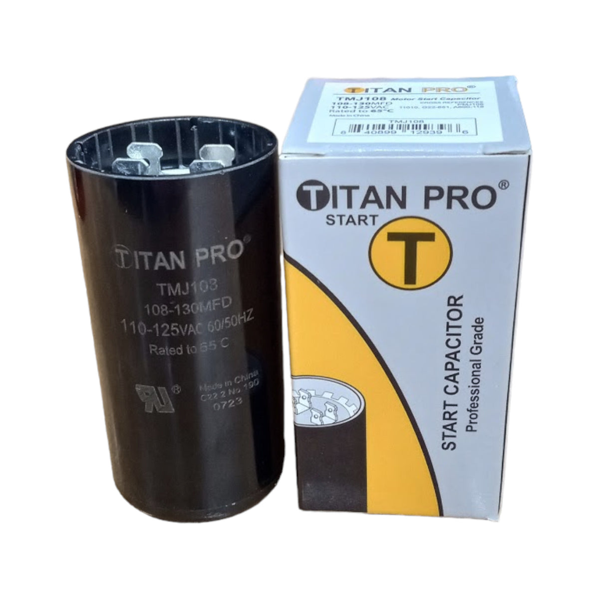 Titan Pro TMJ108 Motor Start Capacitor 108-130 MFD UF / 110-125 VAC