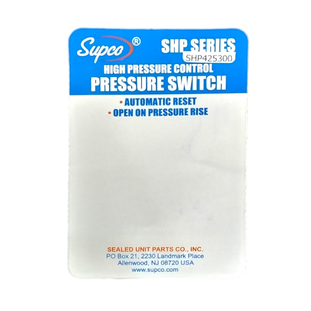 Supco SHP425300 High Pressure Switch Open: 425 Close: 300 PSI HVAC Refrigeration