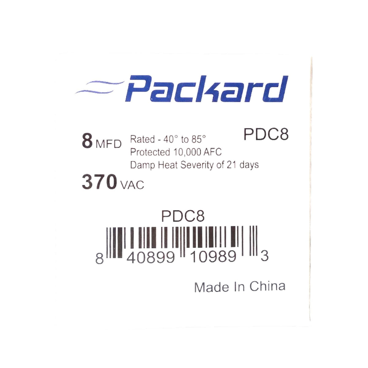 Packard PDC8 HVAC Dry Motor Run Capacitor. 8 MFD/UF 370 Volts