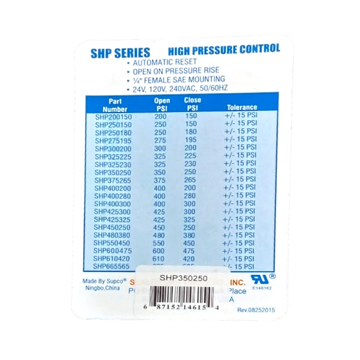Supco SHP350250 High Pressure Switch Open: 350 Close: 250 PSI HVAC Refrigeration