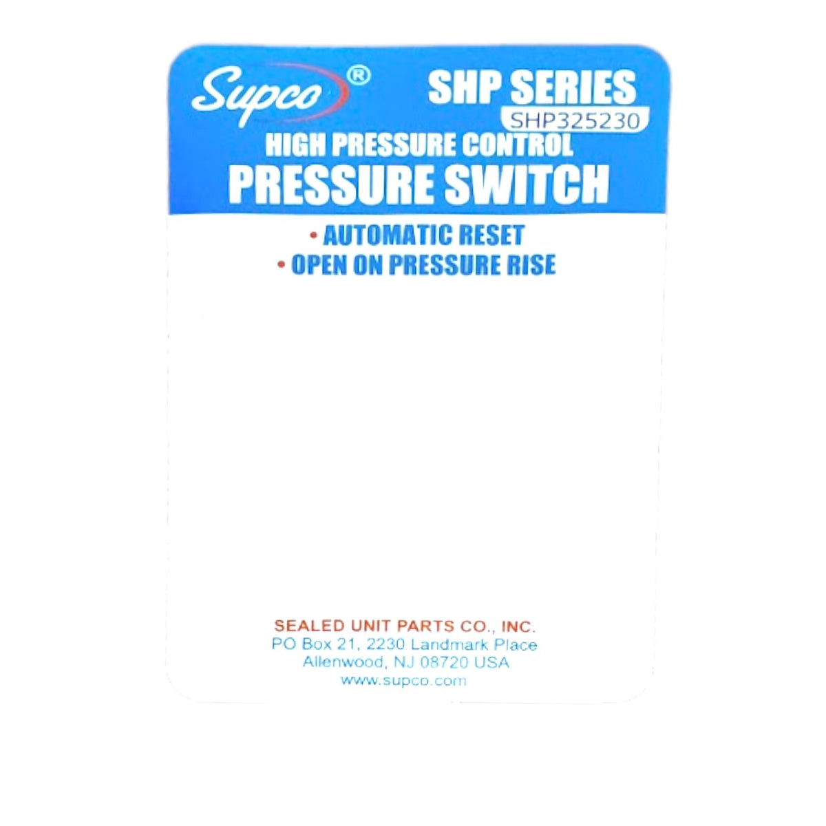 Supco SHP325230 High Pressure Switch Open: 325 Close: 230 PSI HVAC Refrigeration