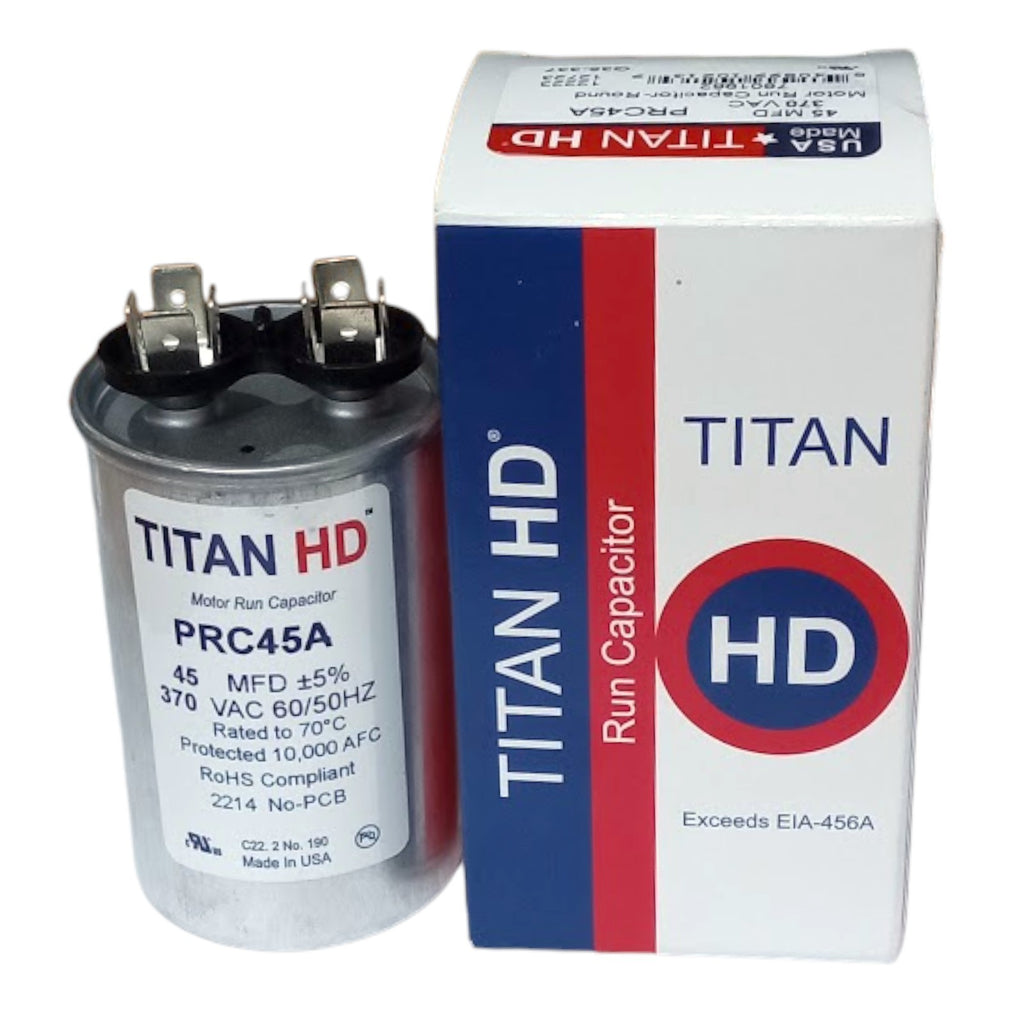 Titan HD HVAC Motor Run Capacitor 45 MFD 370 Volt Round American Made