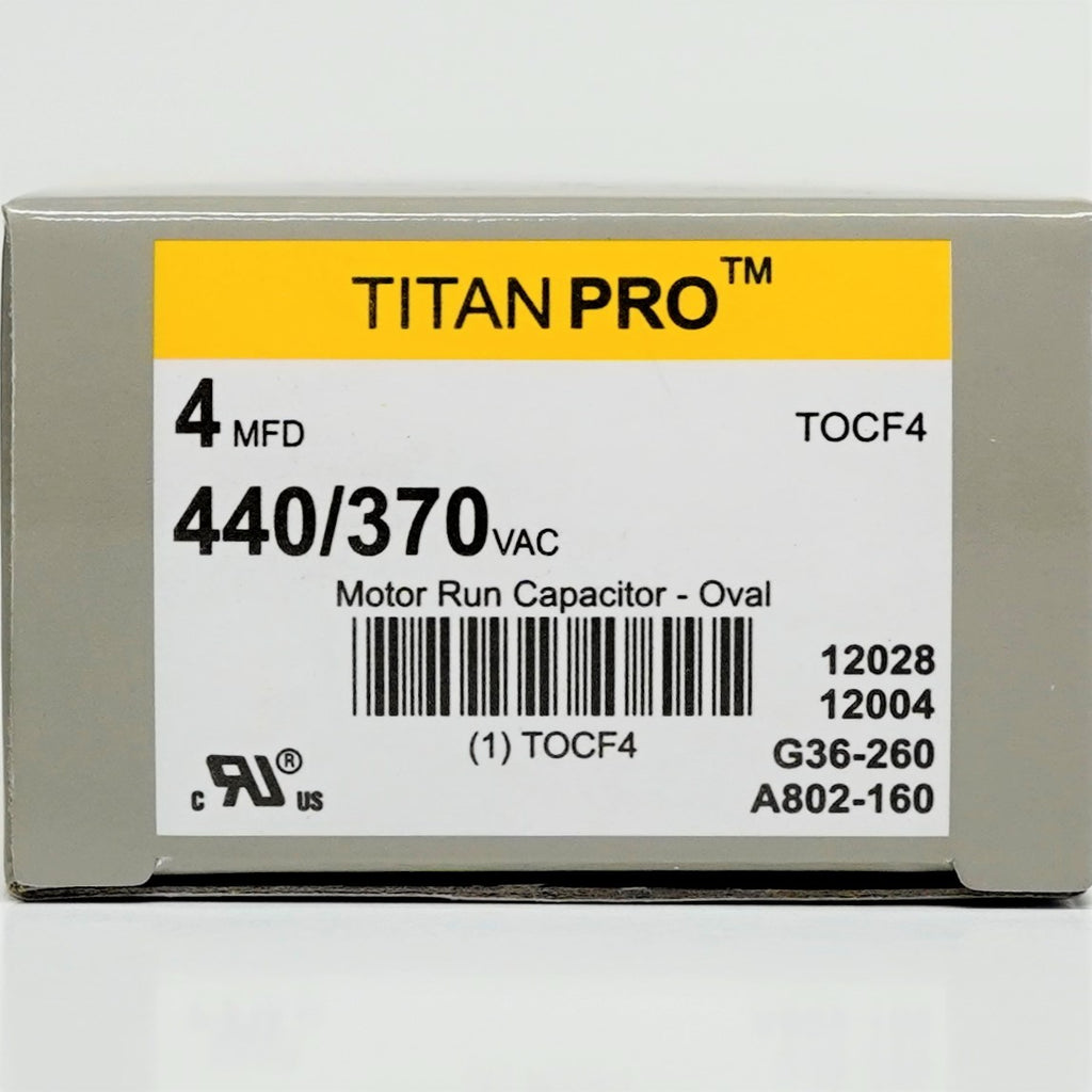 TitanPro TOCF4 HVAC Motor Run Oval Capacitor. 4 MFD/UF 440/370 Volts