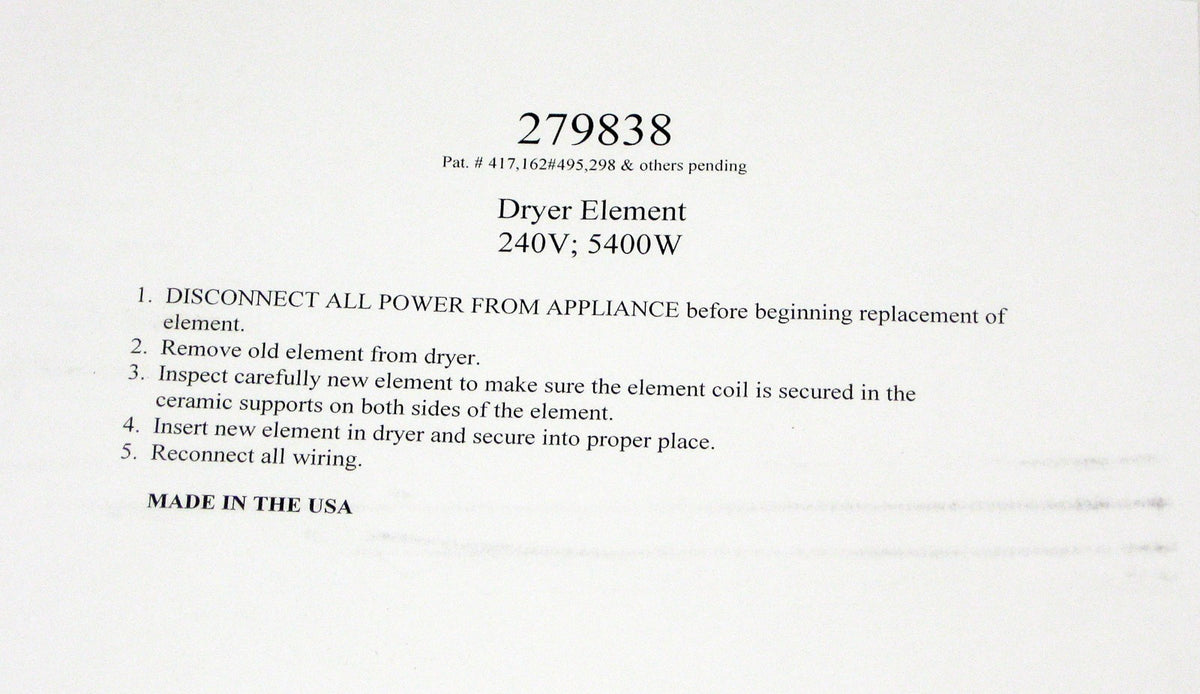 Napco Dryer Heating Element for Whirlpool Kenmore 279838 AP3094254 PS334313