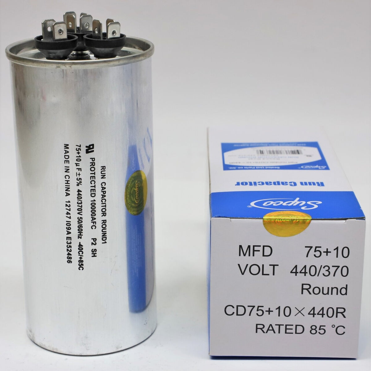 Supco CD75+10X440R HVAC Motor Round Dual Run Capacitor 75 + 10 MFD 440 Volts