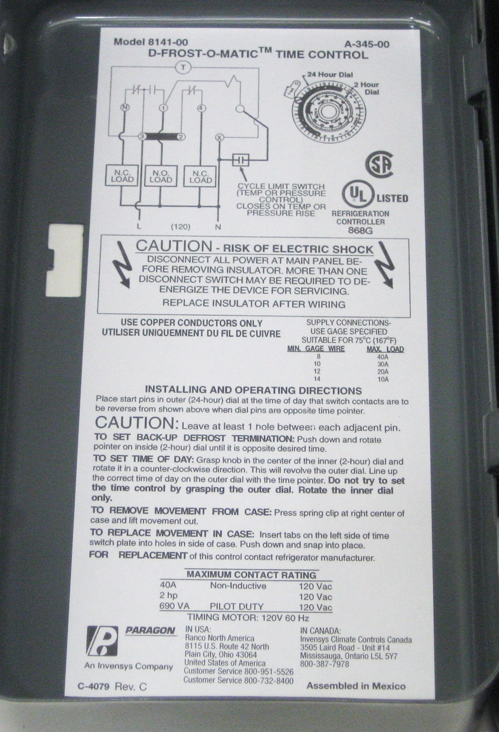 Paragon 8141-00 Defrost Control Commercial Refrigeration Timer.