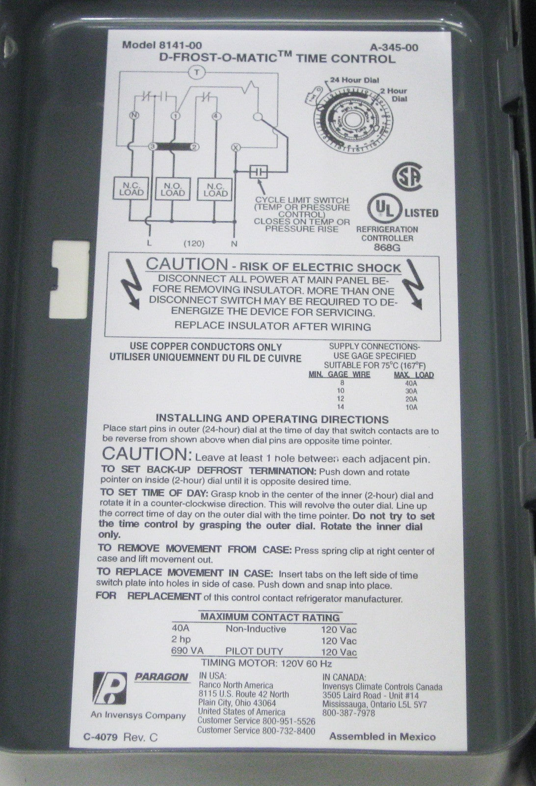 Paragon 8141-00 Defrost Control Commercial Refrigeration Timer.