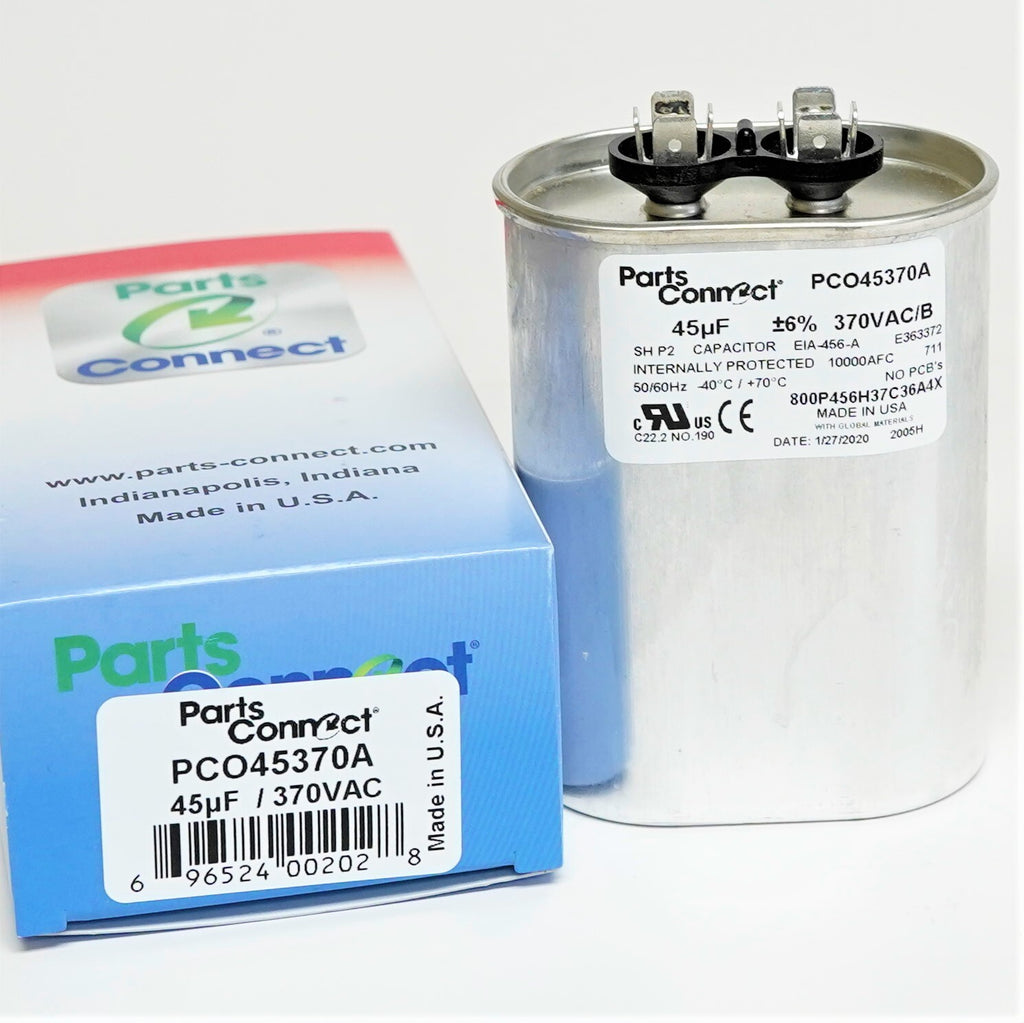 USA Run Capacitor 45 mfd (uf) 370 Volt Oval American Made PartsConnect PCO45370A
