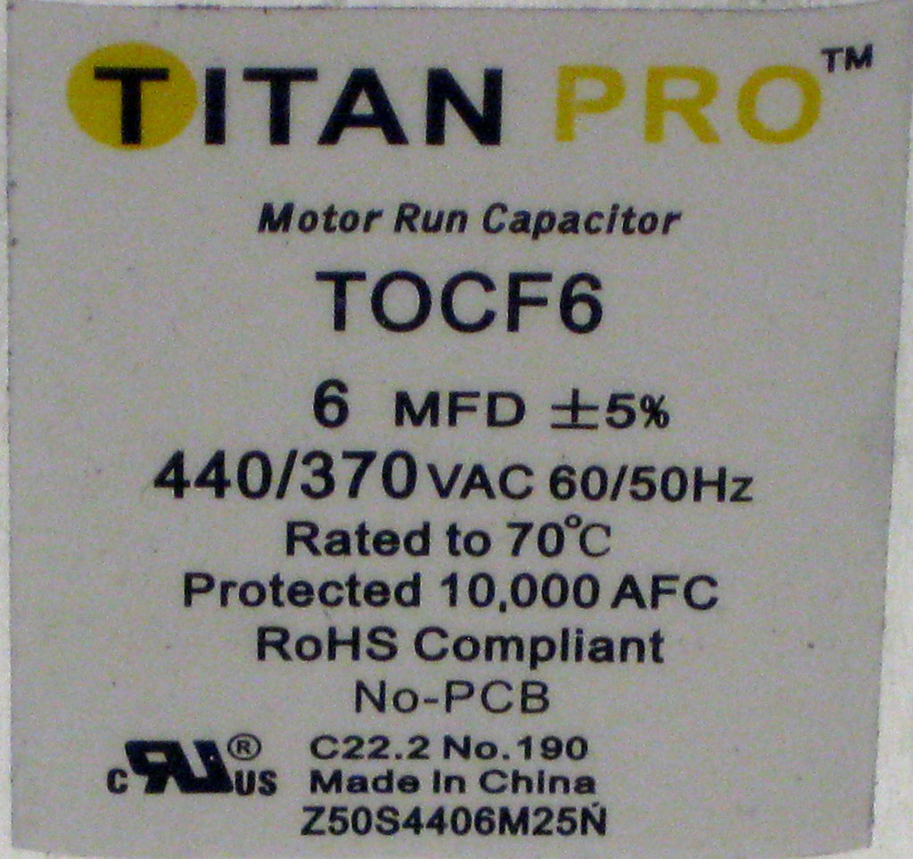 TitanPro TOCF6 HVAC Motor Run Oval Capacitor. 6 MFD/UF 440/370 Volts
