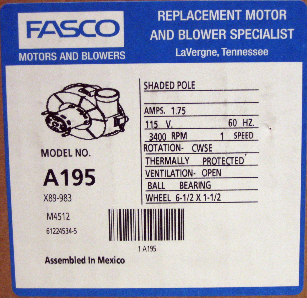 Fasco A195 Furnace Draft Inducer Blower Motor fits Trane D330757P03 X38040313070