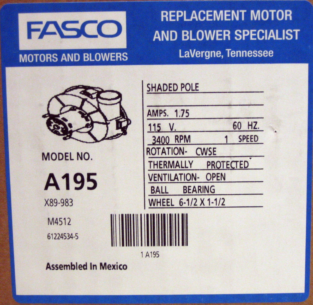 Fasco A195 Furnace Draft Inducer Blower Motor fits Trane D330757P03 X38040313070