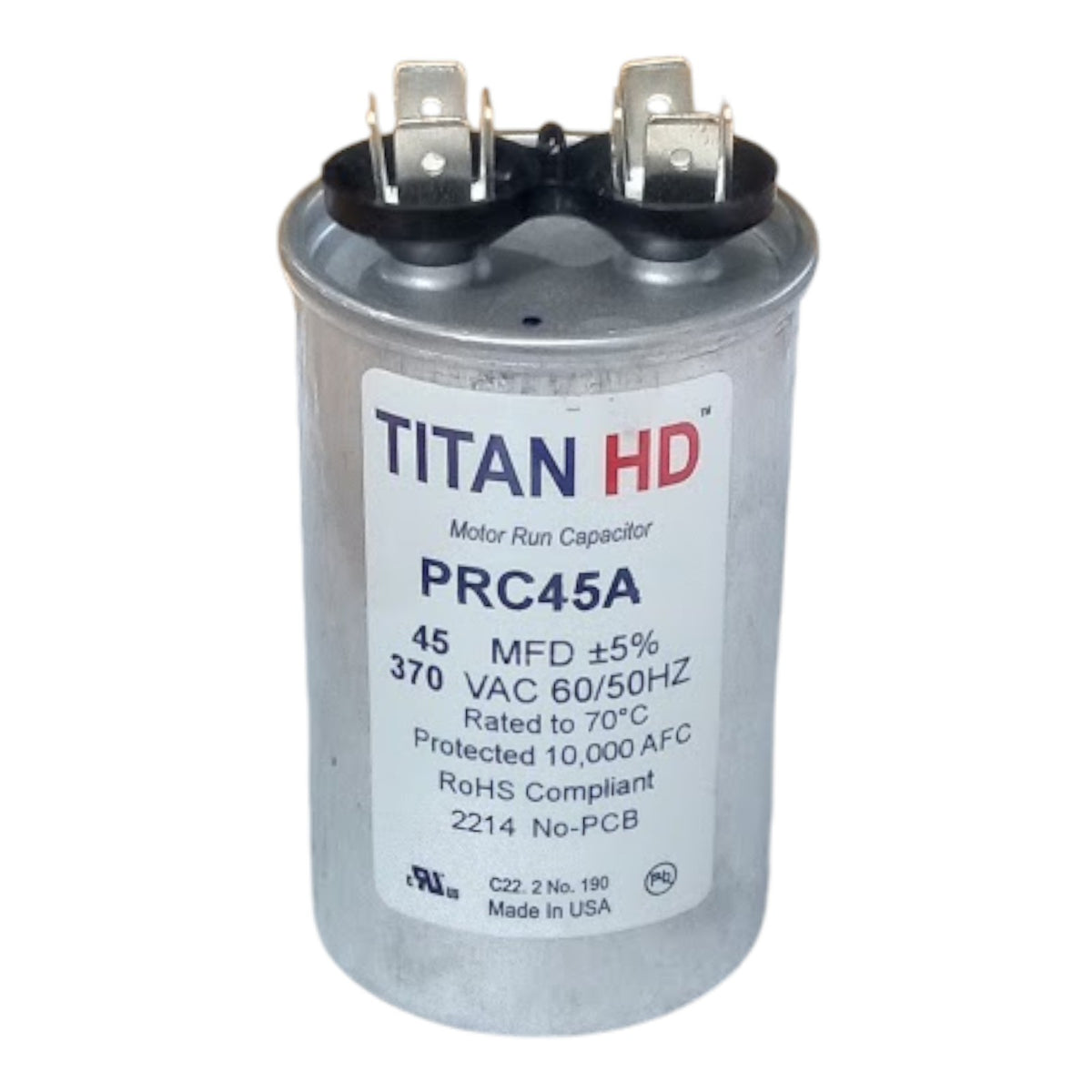 Titan HD HVAC Motor Run Capacitor 45 MFD 370 Volt Round American Made