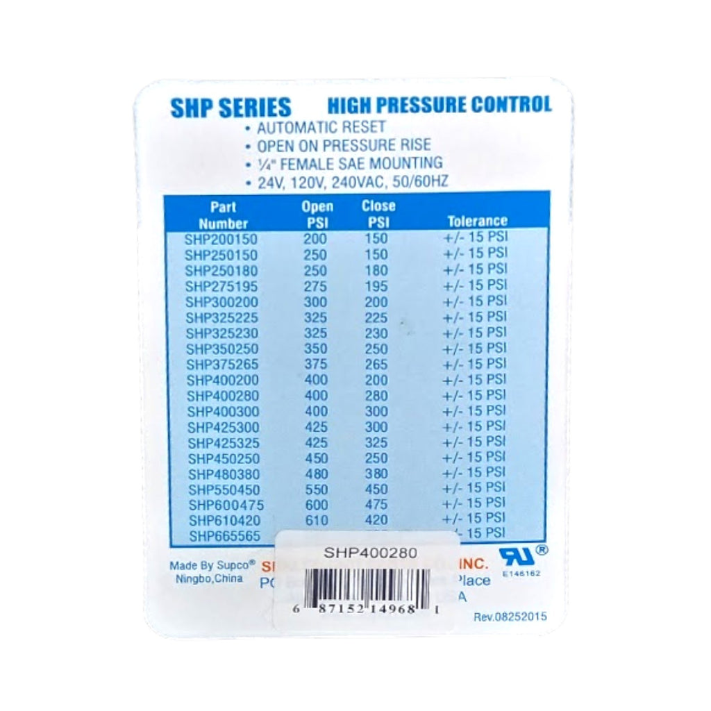 Supco SHP400280 High Pressure Switch Open: 400 Close: 280 PSI HVAC Refrigeration