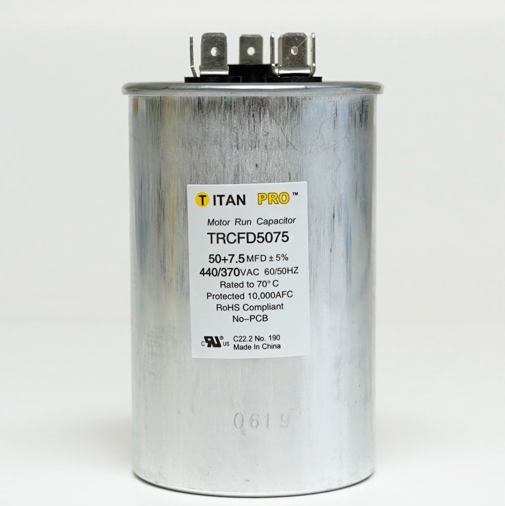 TitanPro TRCFD5075 HVAC Round Dual Motor Run Capacitor. 50/7.5 MFD/UF440/370