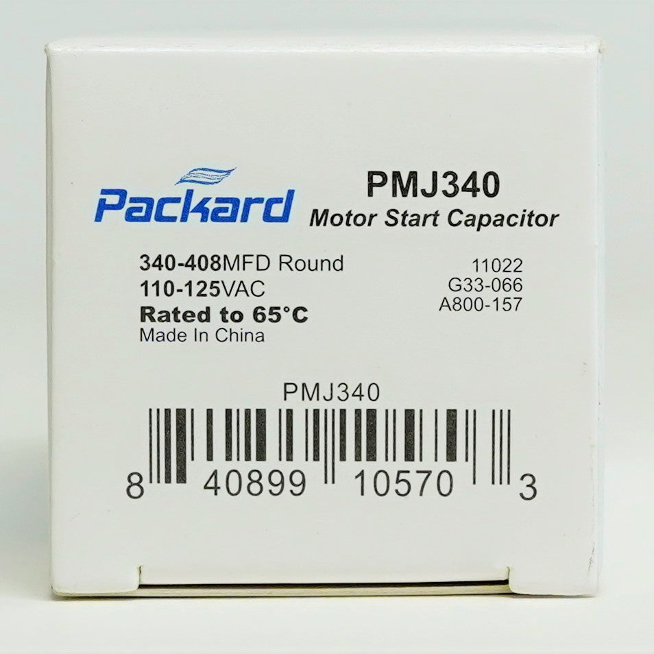 Packard PMJ340 Motor Start Capacitor. 340-408 MFD UF / 110-125 VAC