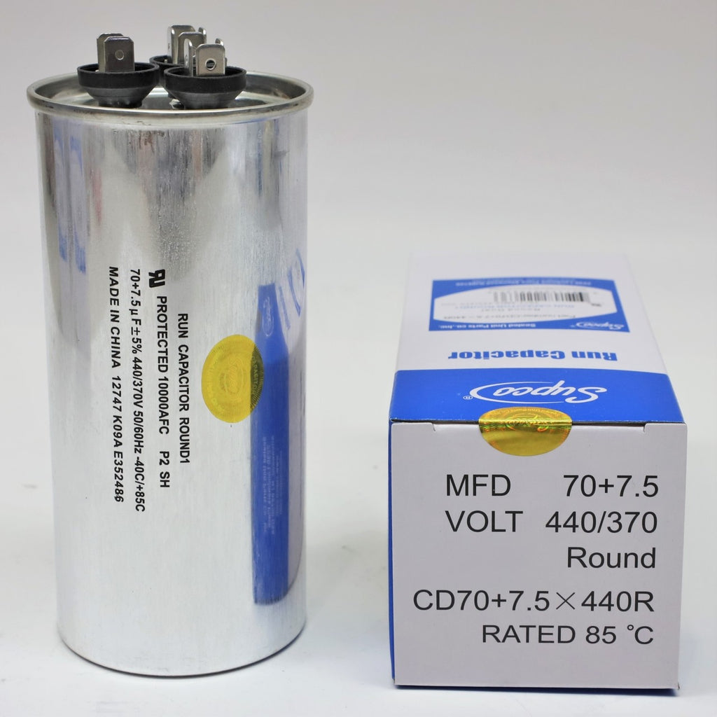 Supco CD70+7.5X440R HVAC Motor Round Dual Run Capacitor 70 + 7.5 MFD 440 Volts