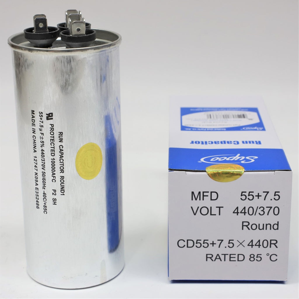 Supco CD55+7.5X440R HVAC Motor Round Dual Run Capacitor 55 + 7.5 MFD 440 Volts