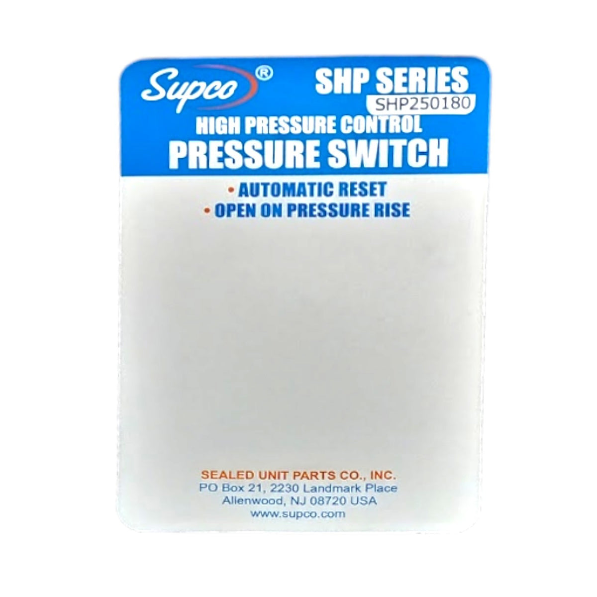 Supco SHP250180 High Pressure Switch Open: 250 Close: 180 PSI HVAC Refrigeration