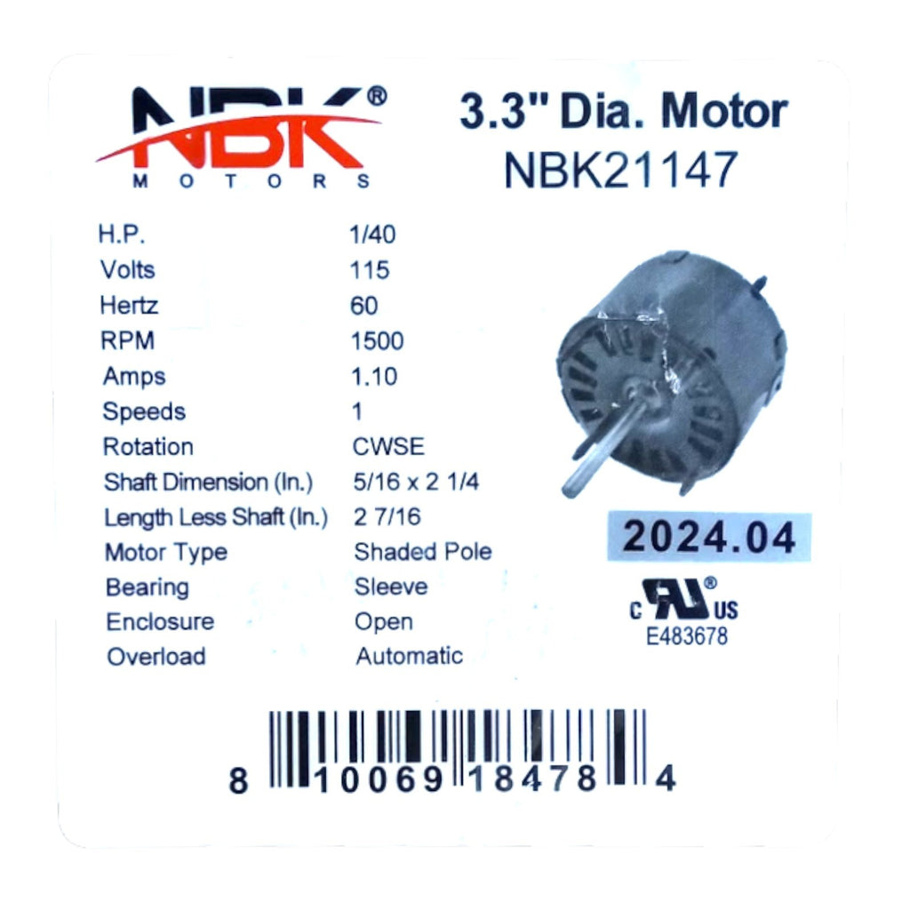 Fan Motor 3.3" Dia.1/40 HP 1500 RPM 115 Volts CW Rotation Replaces Fasco D126