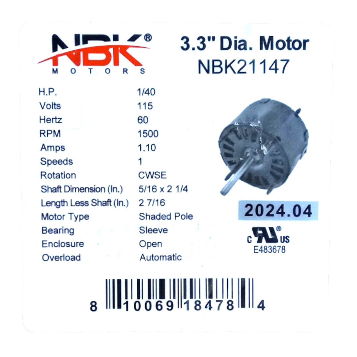 Fan Motor 3.3" Dia.1/40 HP 1500 RPM 115 Volts CW Rotation Replaces Fasco D126
